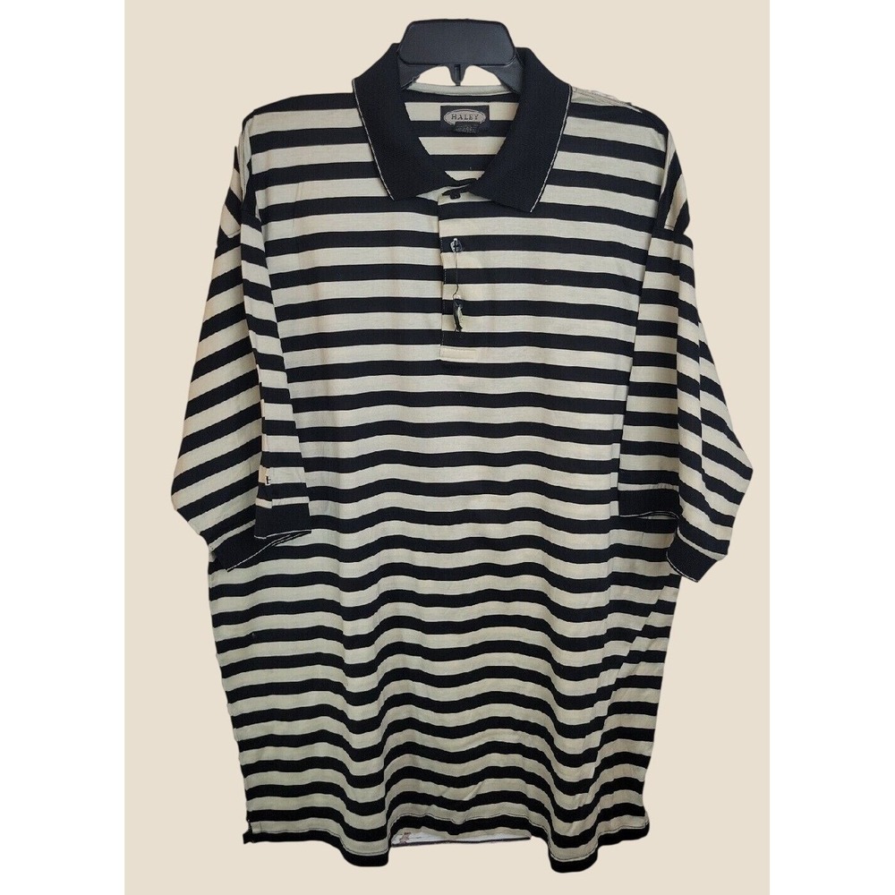 Haley Reserve Polo Shirt Striped Golf Classic Mercerized Cotton Black Cream XL
